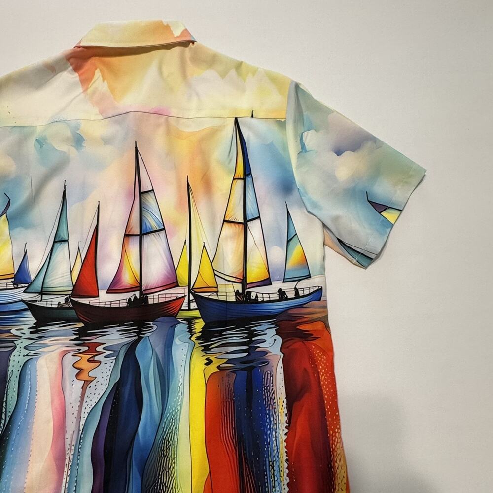 Royaura Men's Hawaiian Short Sleeve Medium Multi Color Sail Boat Print Shirt - Picture 7 of 14